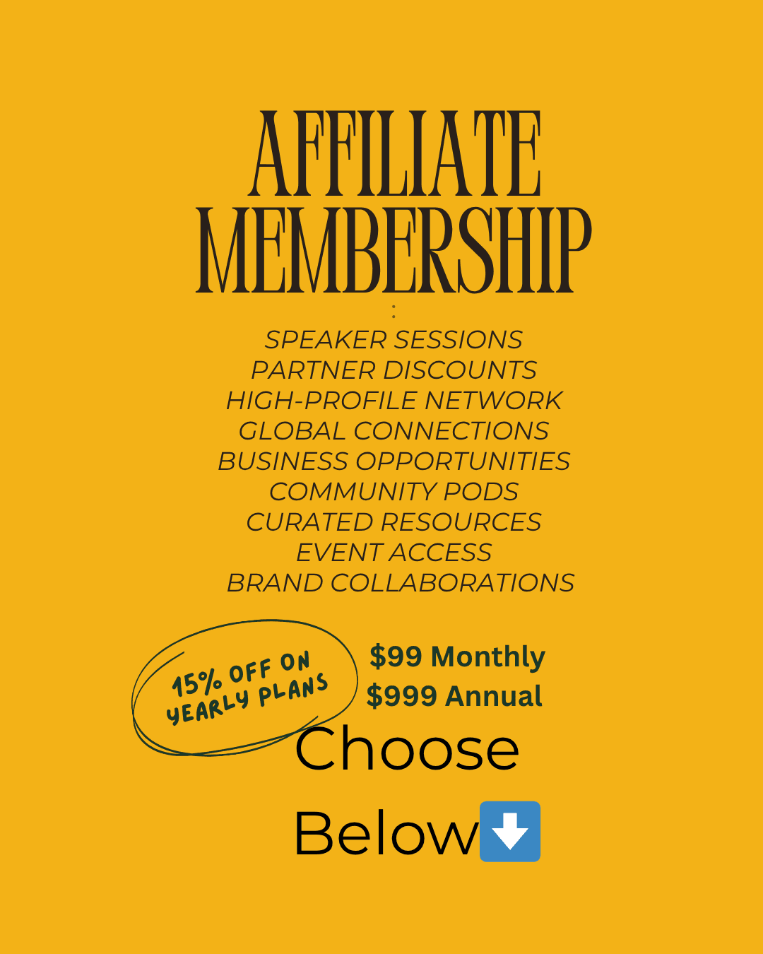 Affiliate membership benefits and pricing details on a yellow background with discount offer.